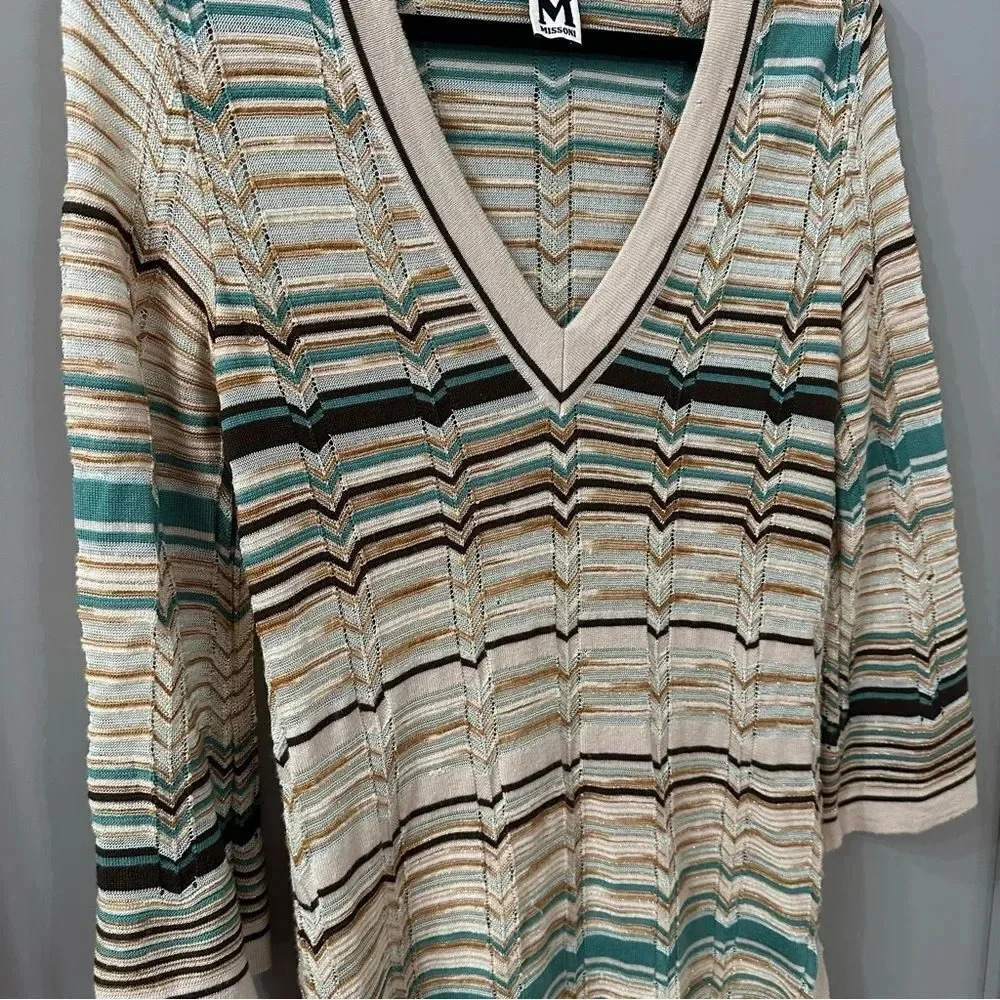 M Missoni Dress Multicolor Knitted V-Neck Long Sleeve Beach Dress Wool Size 8 - Picture 4 of 10